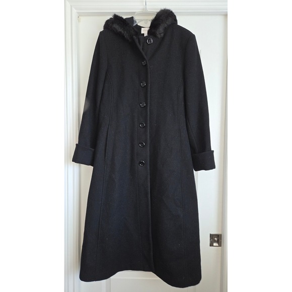 Worthington Vintage Black Wool Longline Button Front Fur Trim Hood Coat Sz 12P - Picture 1 of 8